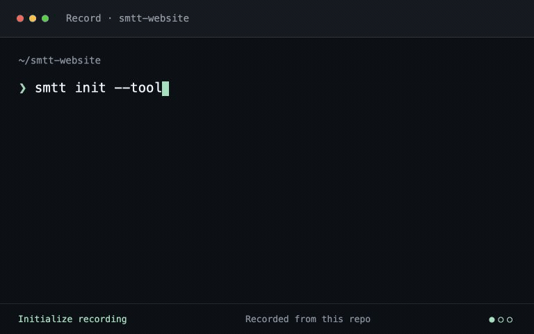 Initializing smtt in a copy of this repo, reviewing a landing-page change, and recording it with smtt commit.