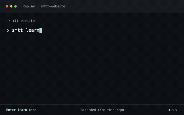 Running smtt learn and smtt nav next to replay this website's commits and inspect the context behind a change.
